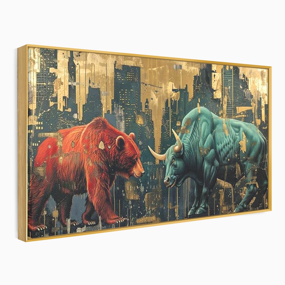 Tablou canvas cu tablou canvas cu taur si urs, in rama de aluminiu auriu